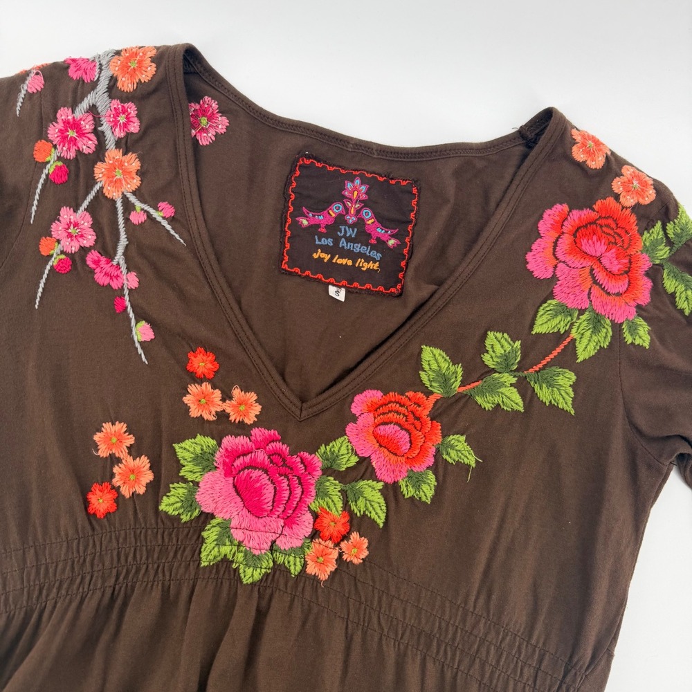 JW Los Angeles Brown Embroidered Floral Long Sleeve V‎ Neck Tunic Dress Small